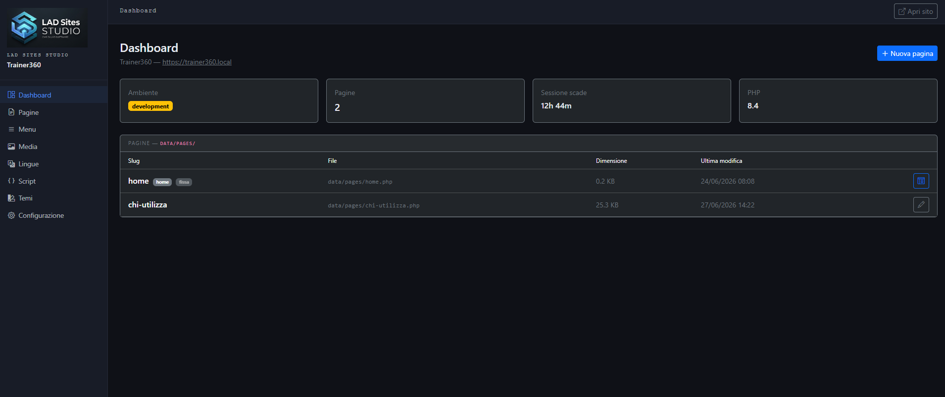 Dashboard amministrativa di LAD Sites Studio